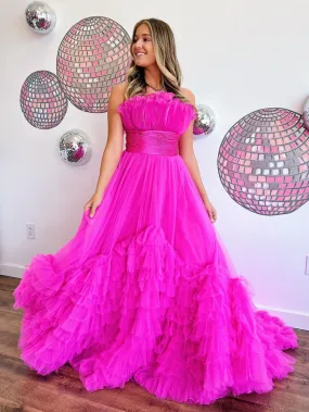 Alani |A-Line Strapless Pink Tiered Long Tulle Prom Dress