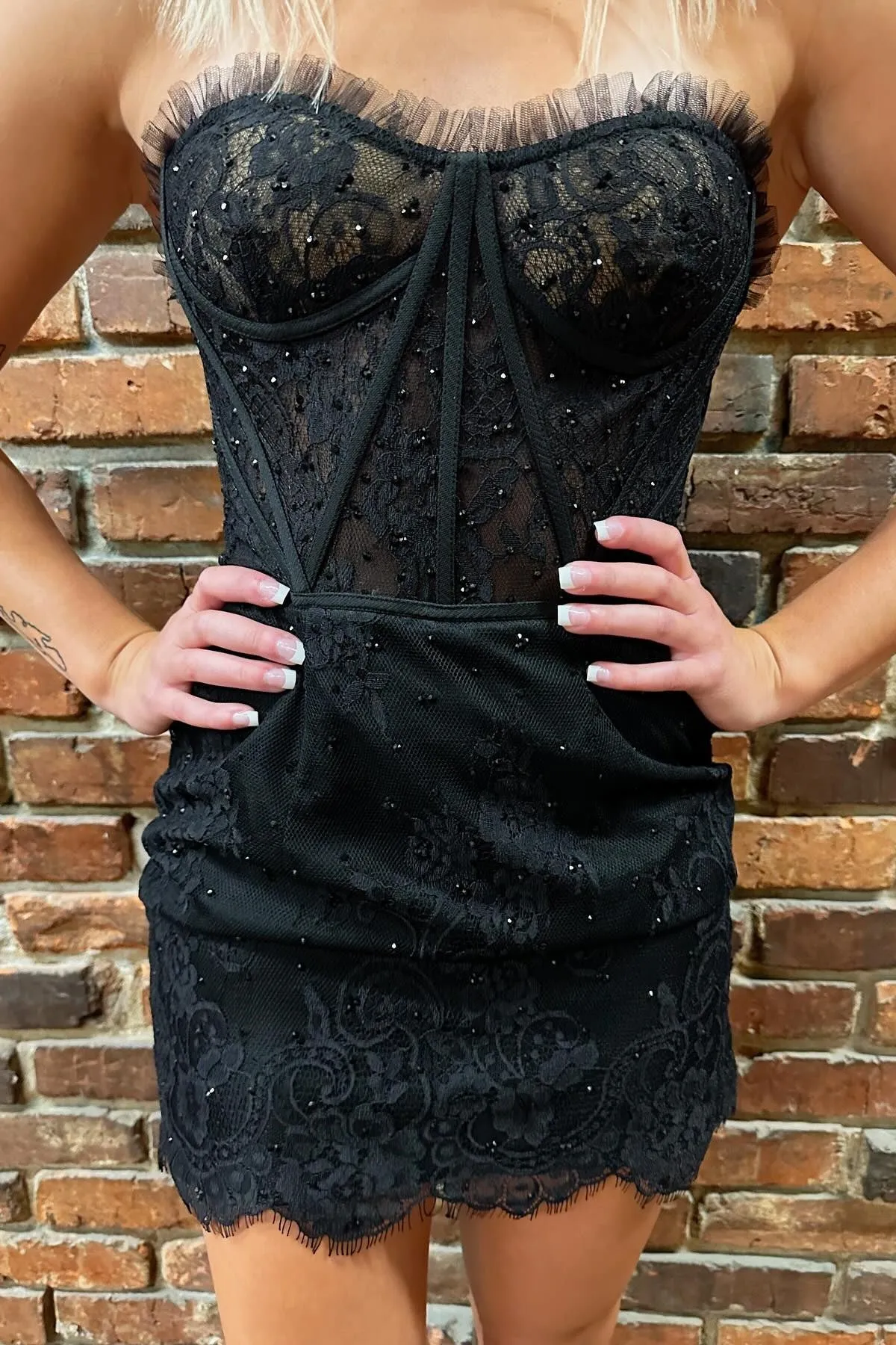 Amber | Black Strapless Eyelash Lace Short Dress