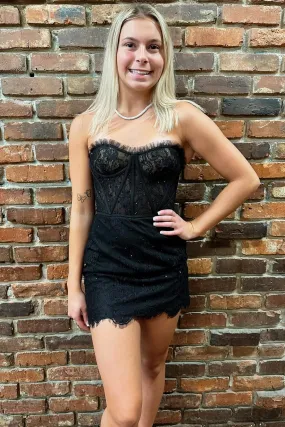 Amber | Black Strapless Eyelash Lace Short Dress