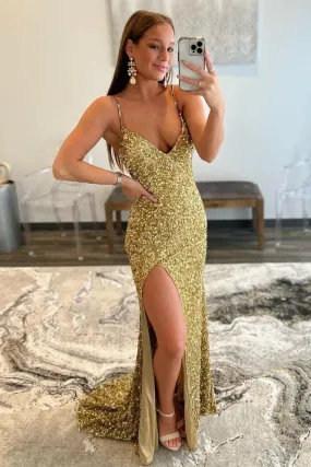 Arlene | Charming Mermaid V Nekc Gold Sequins Long Prom Dresses with Slit