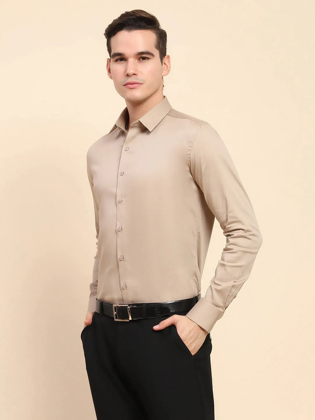 Beige Cotton Blend Solid Formal Shirt