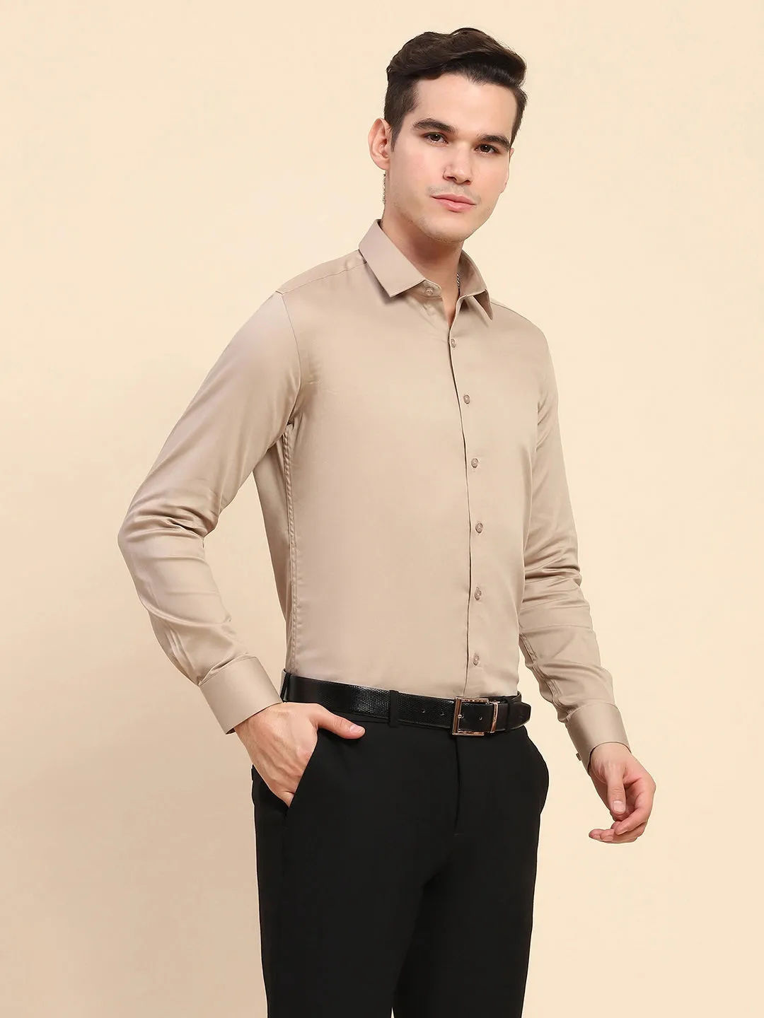 Beige Cotton Blend Solid Formal Shirt