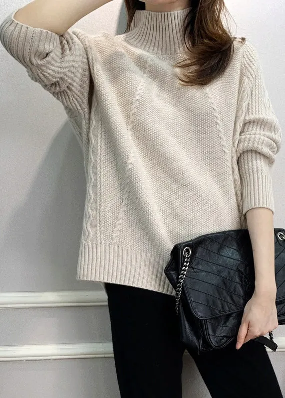 Beige Solid Cozy Knit Fall Sweaters Turtleneck QI024