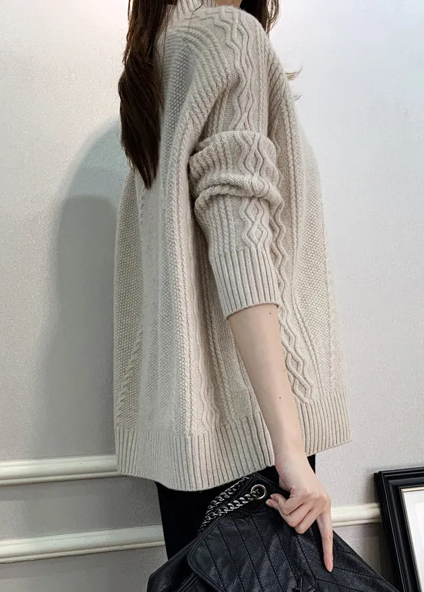 Beige Solid Cozy Knit Fall Sweaters Turtleneck QI024