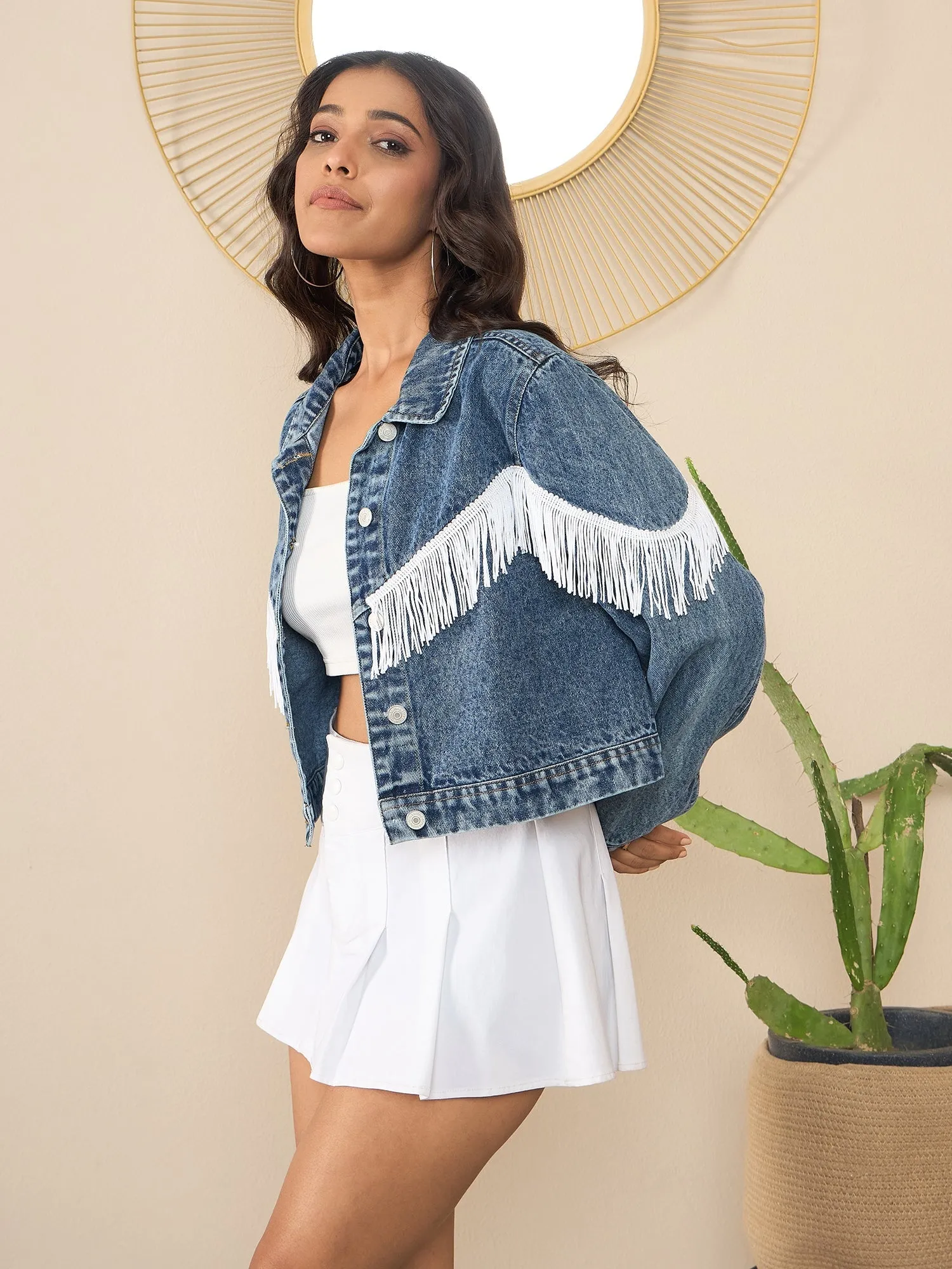 Blue & White Denim Front Fringes Crop Jacket