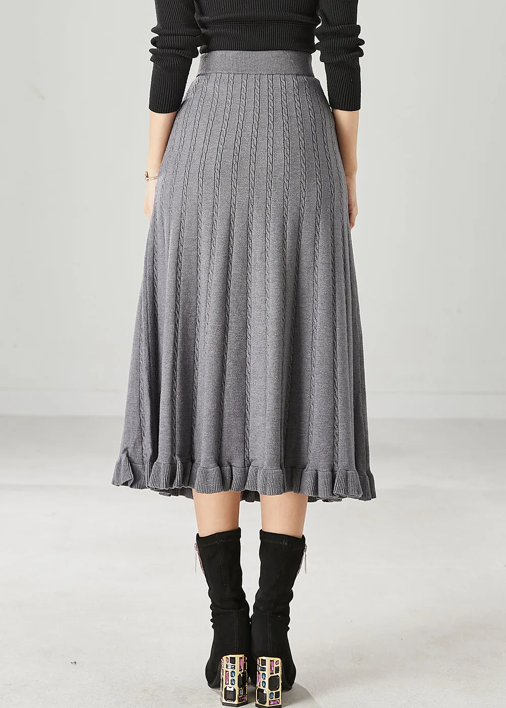 Casual Grey Ruffled Exra Large Hem Knit Skirts Spring YU1045