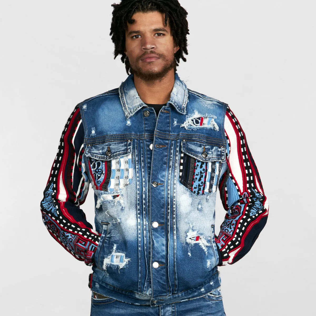 COOGI NATIVE BLUES (MIXED-MEDIA SWEATER PIECED) DENIM JACKET