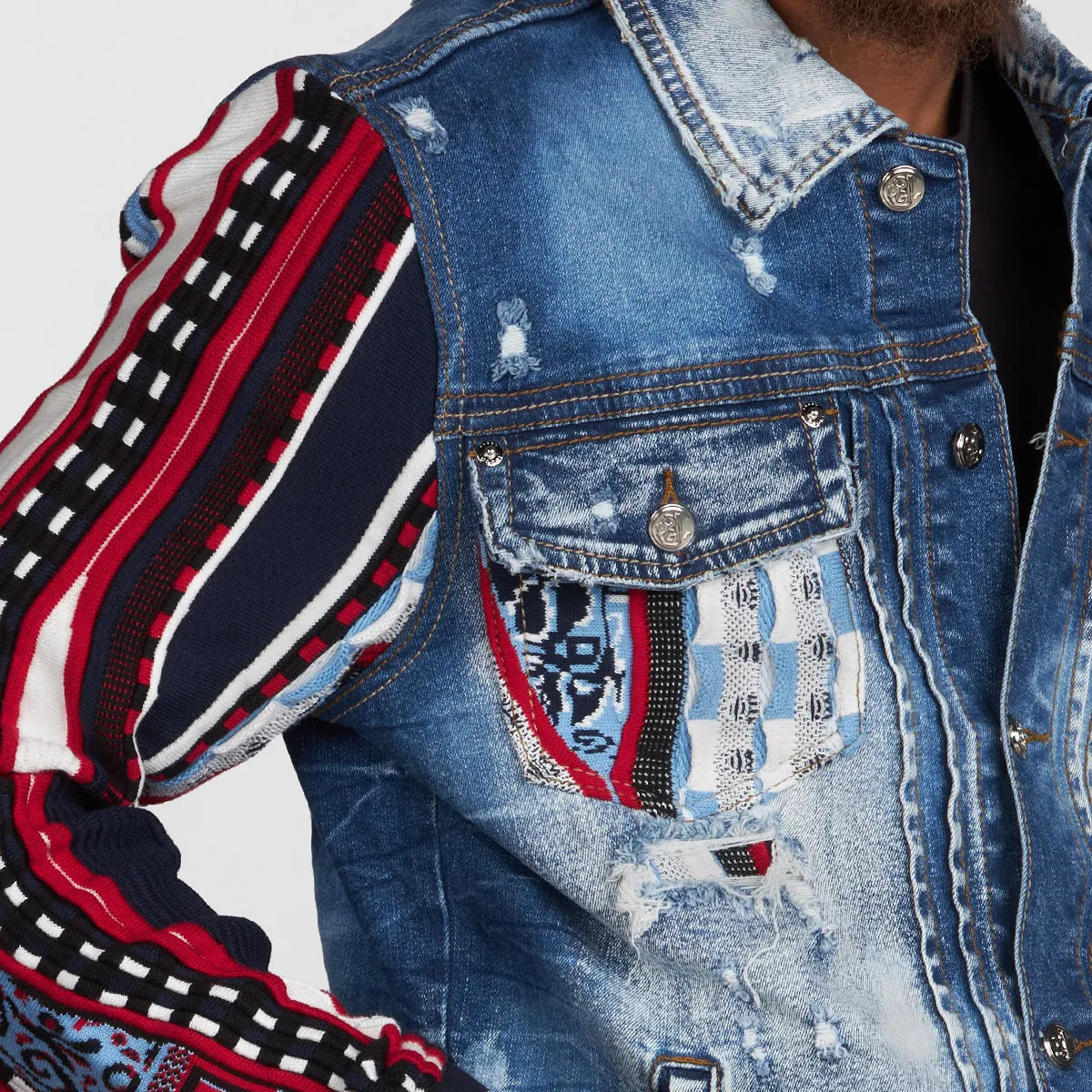 COOGI NATIVE BLUES (MIXED-MEDIA SWEATER PIECED) DENIM JACKET