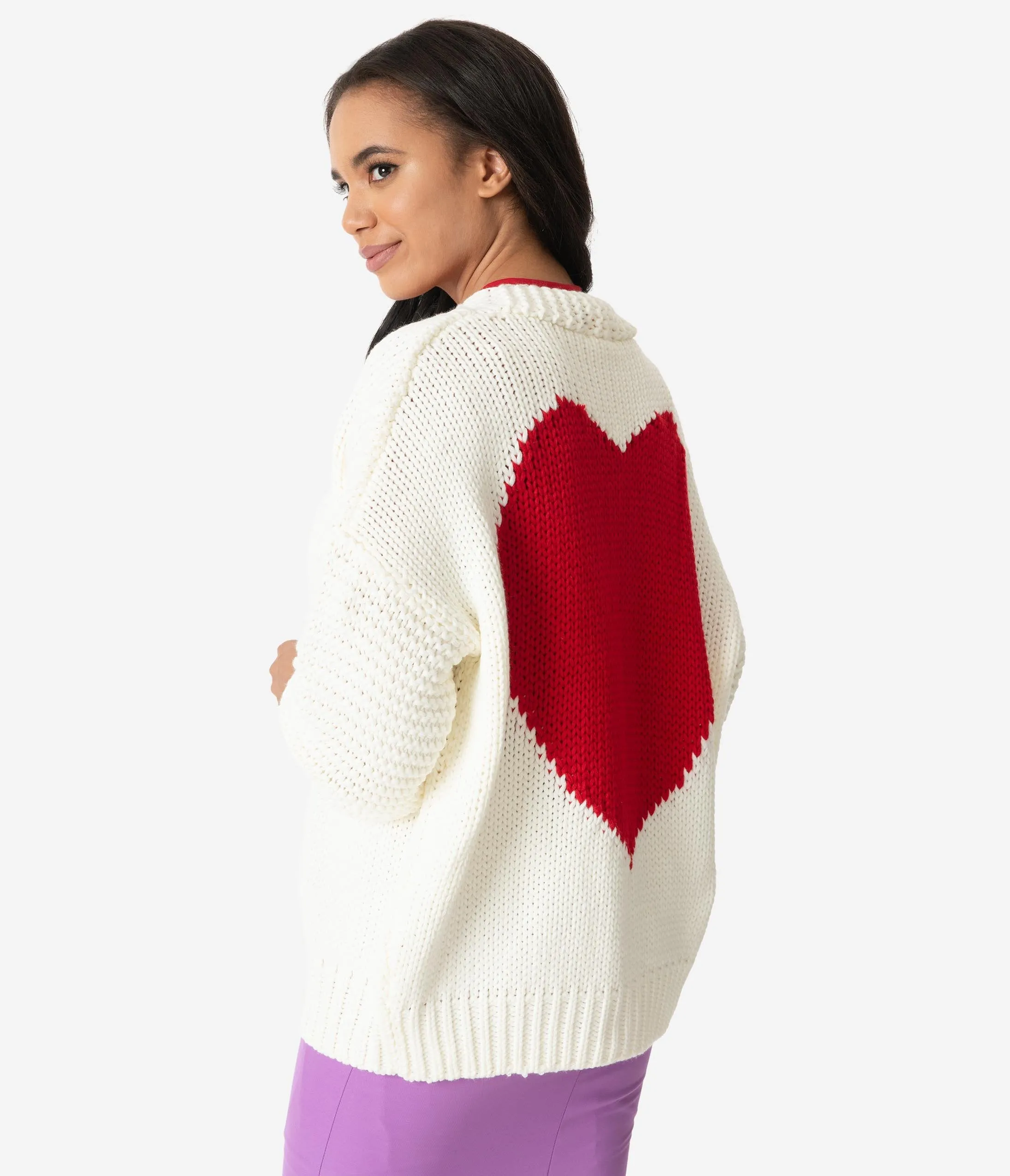 Cream & Red Heart Knit Open Cardigan