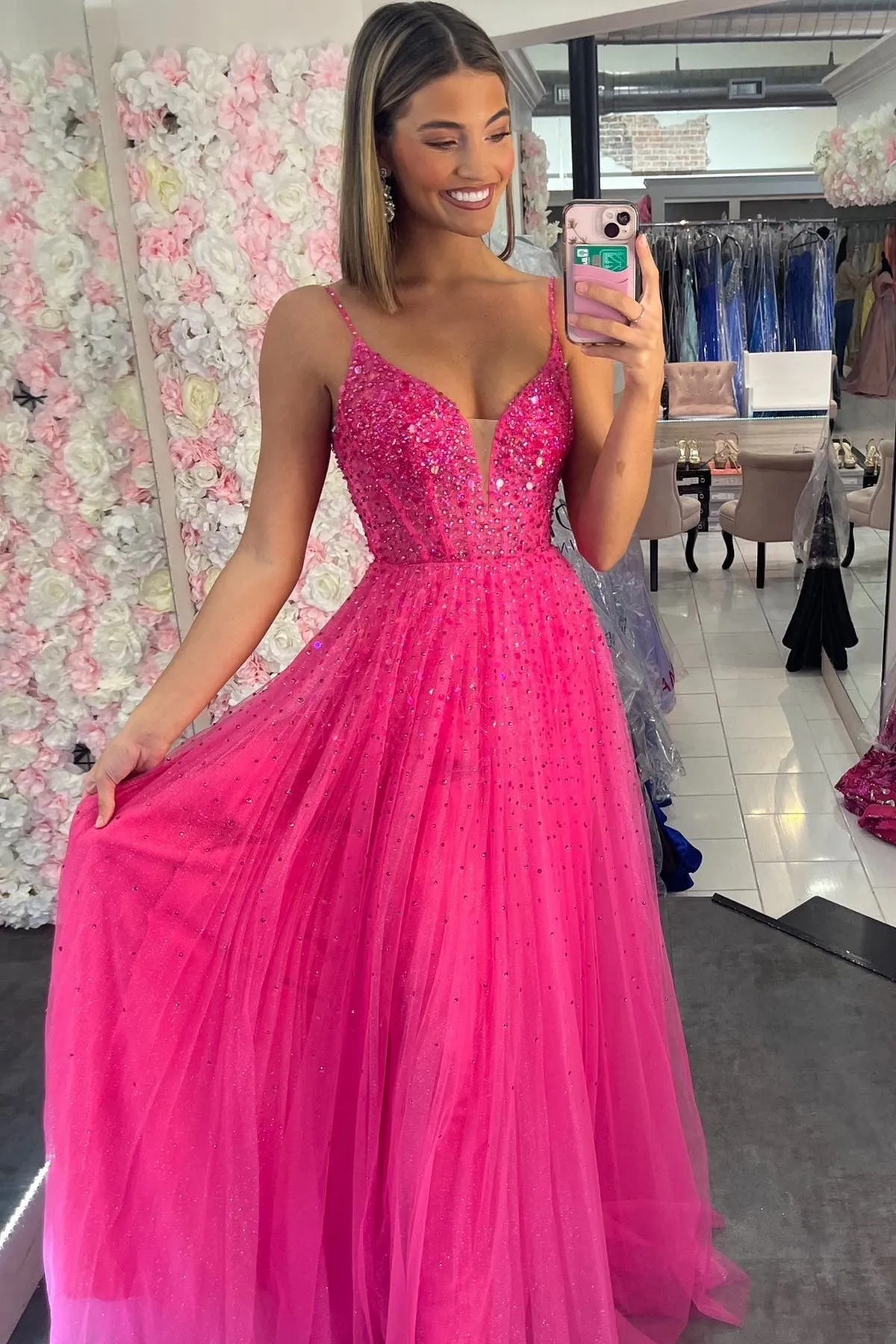 Emmalyn | Straps Neon Pink Beaded A-Line Long Formal Dress