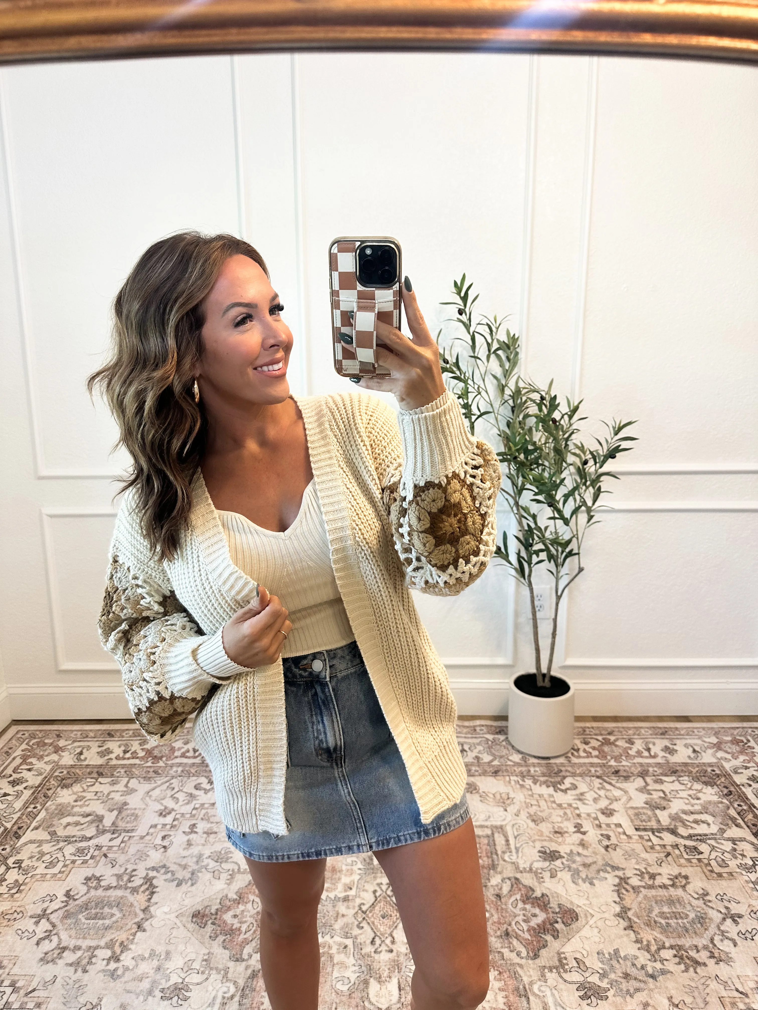 Feels Like Home Crochet Sleeve Cardigan - Oat