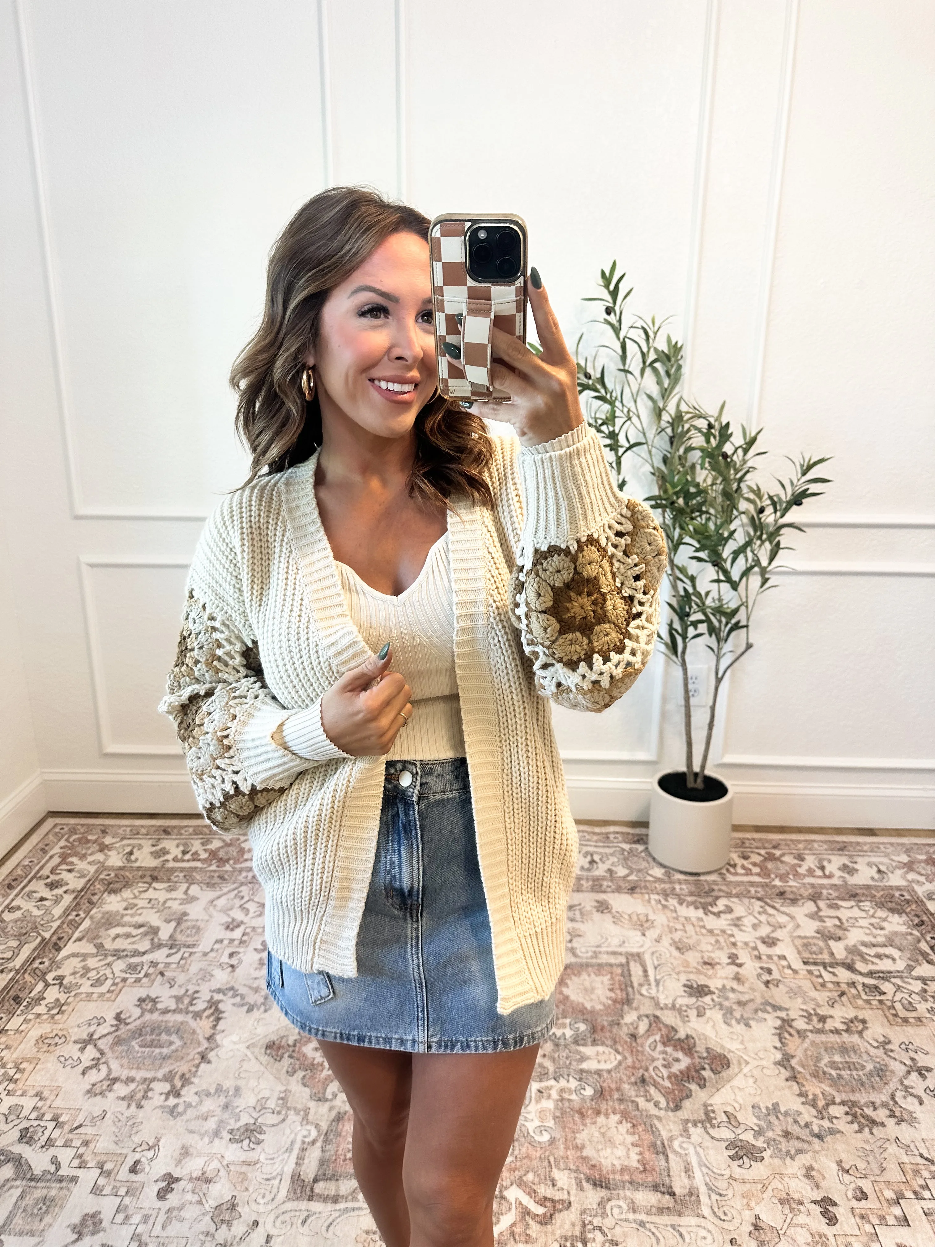 Feels Like Home Crochet Sleeve Cardigan - Oat