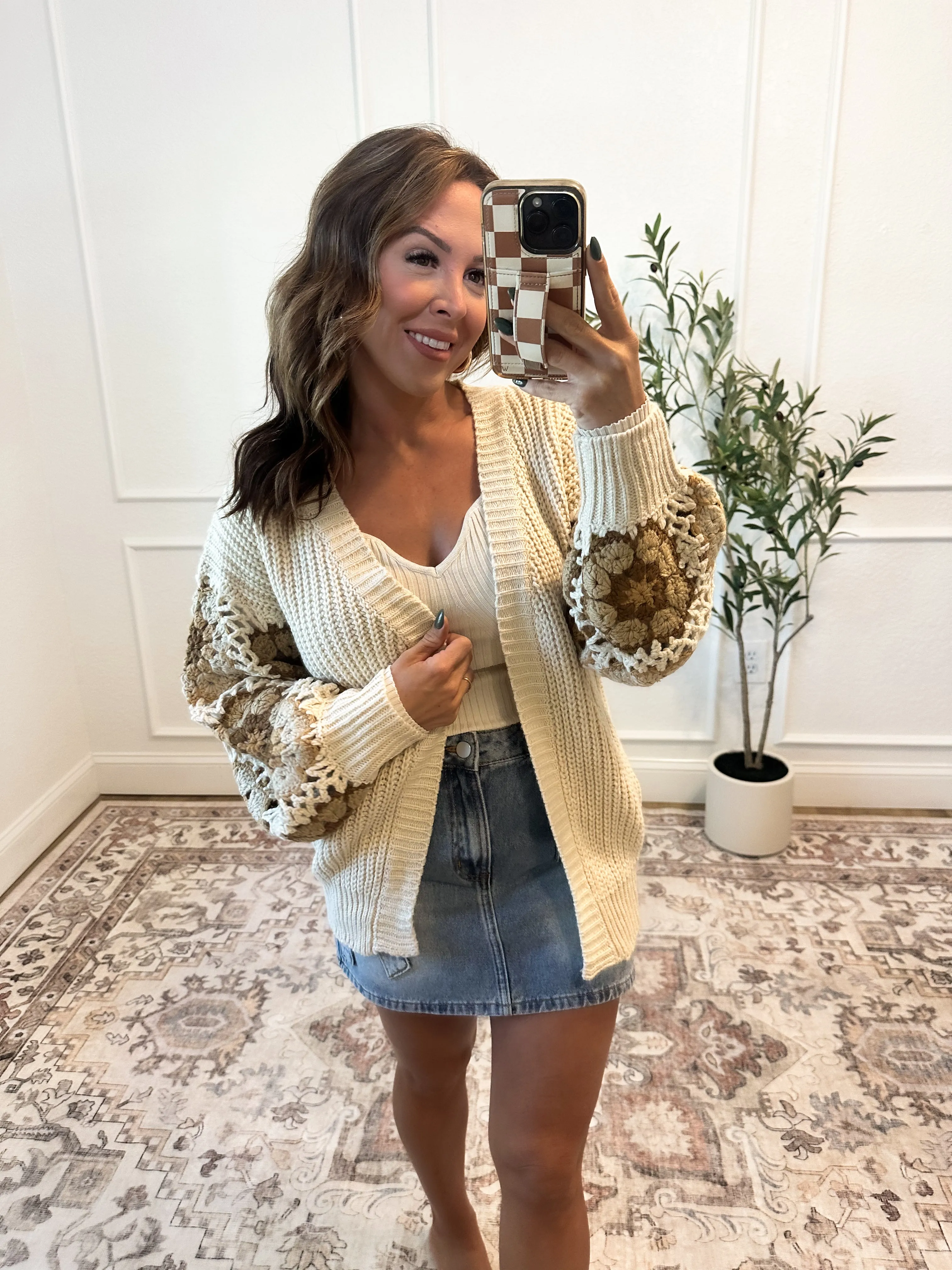 Feels Like Home Crochet Sleeve Cardigan - Oat