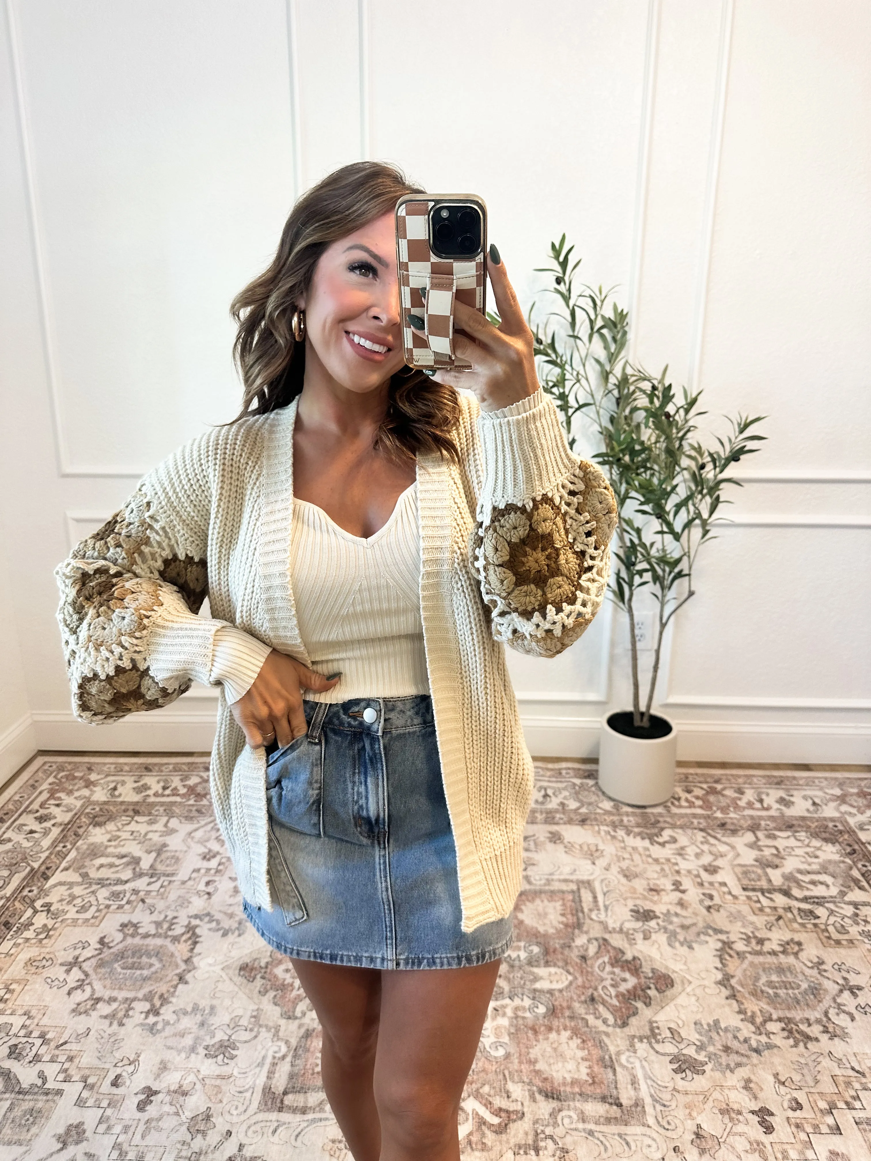 Feels Like Home Crochet Sleeve Cardigan - Oat