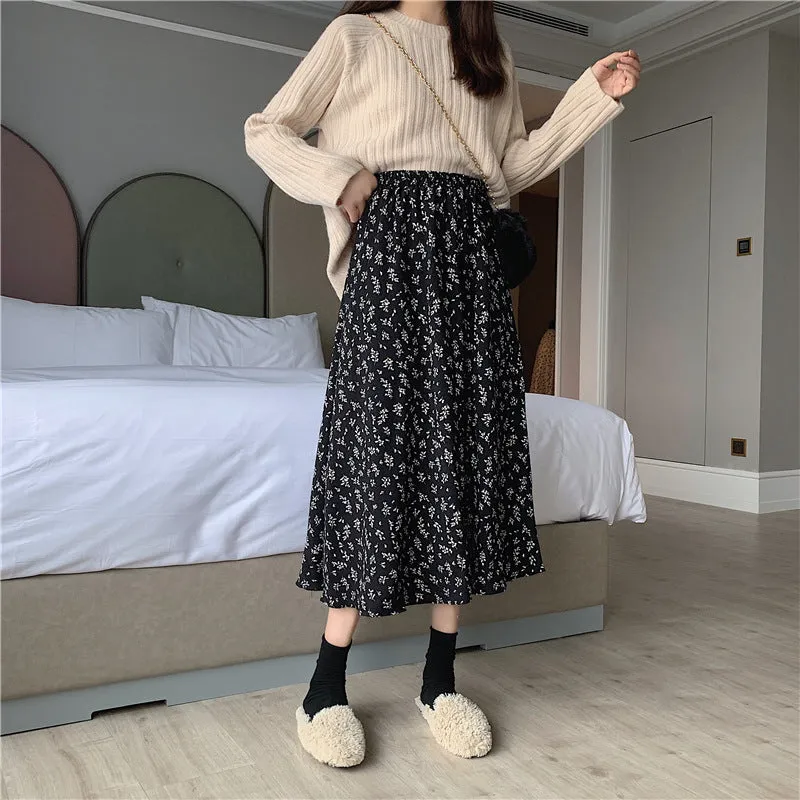 Floral Skirt High Waist Women Elegant Mid-Length Skirt