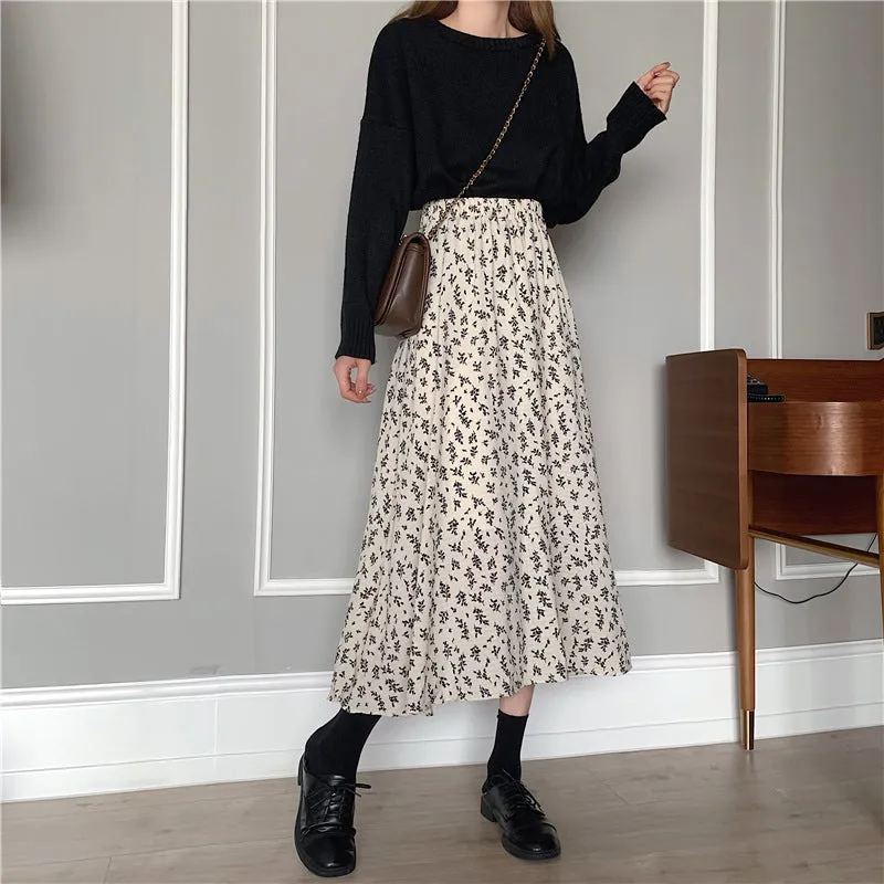 Floral Skirt High Waist Women Elegant Mid-Length Skirt