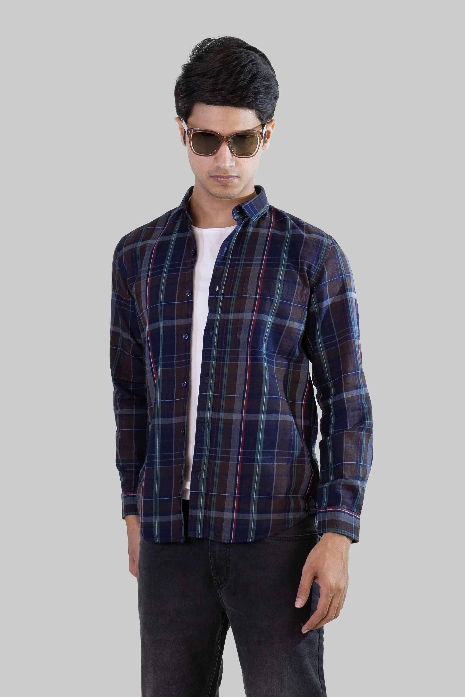 Gridline Checkered Shirt - Navy Blue