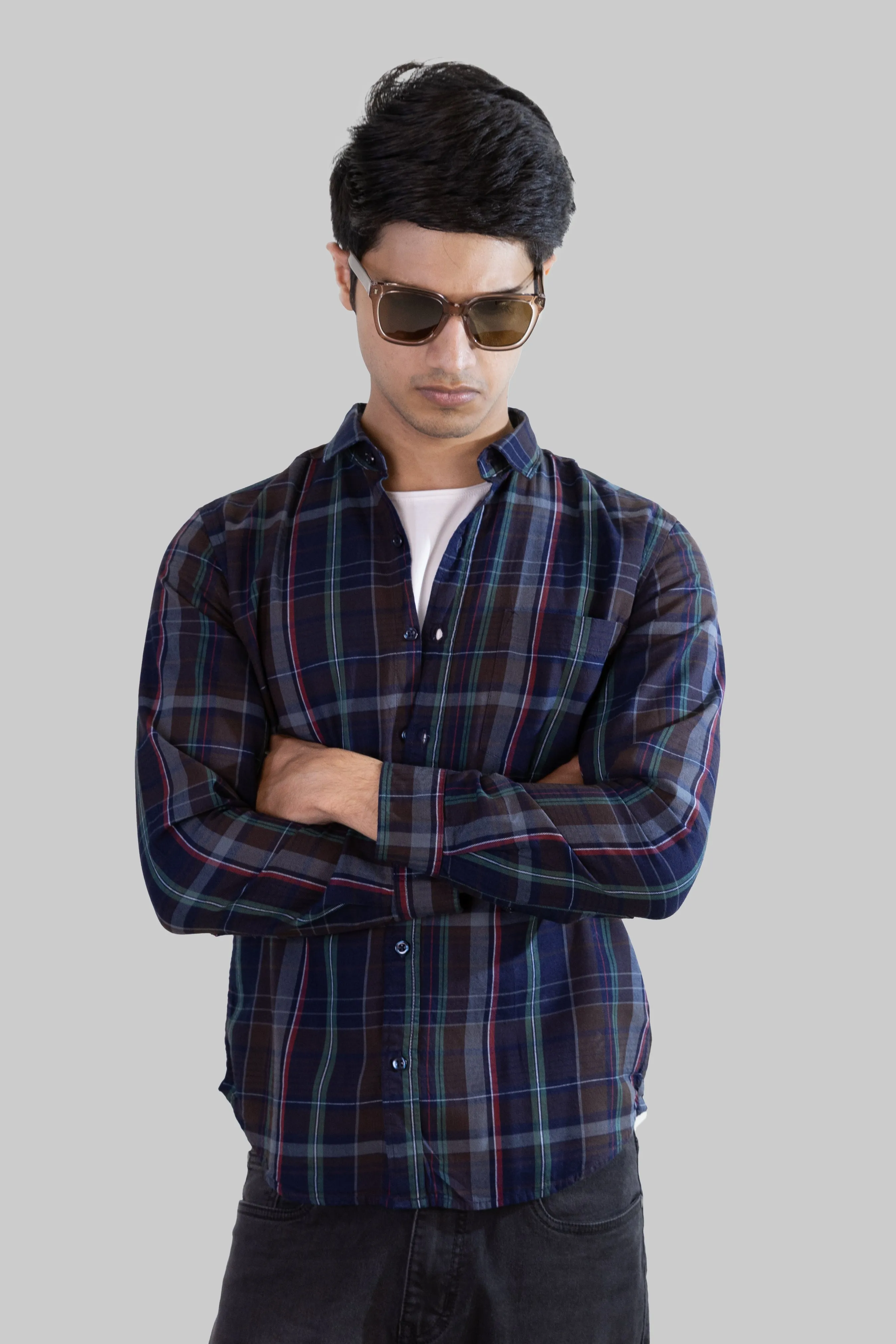 Gridline Checkered Shirt - Navy Blue