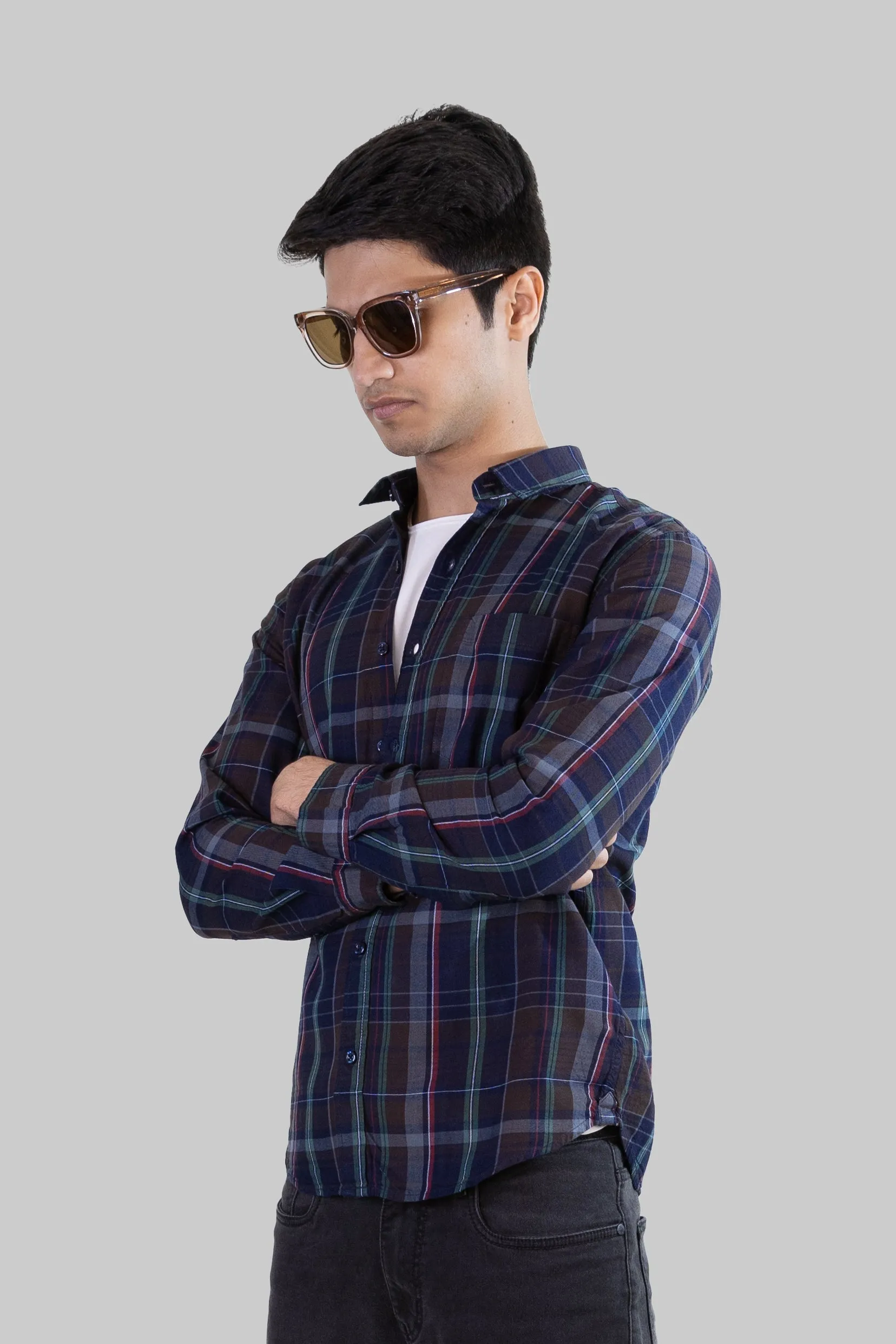 Gridline Checkered Shirt - Navy Blue