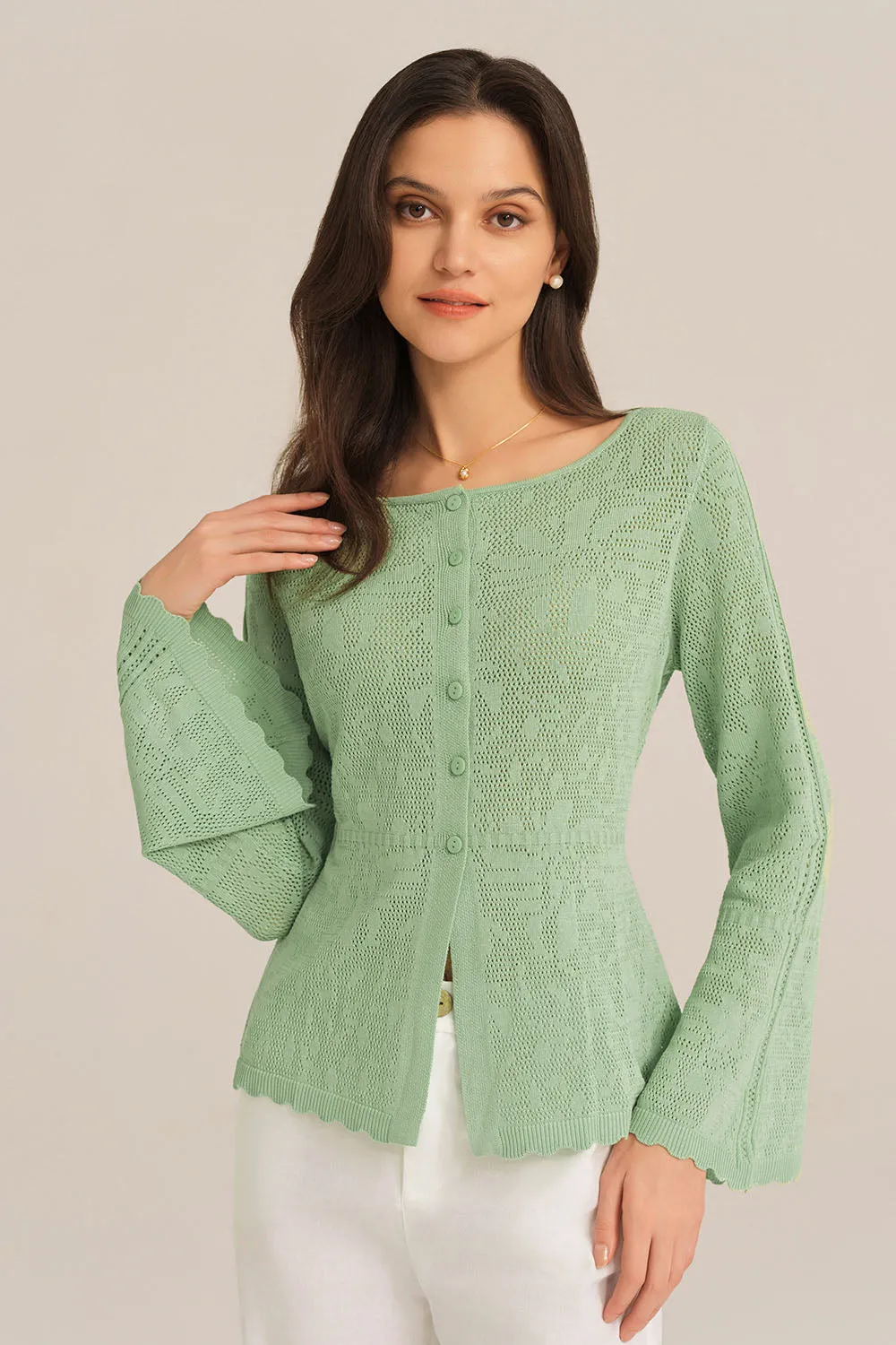 Hollowed Out Ruffle Hem Knitted Bell Cardigan Long Sleeve - Green