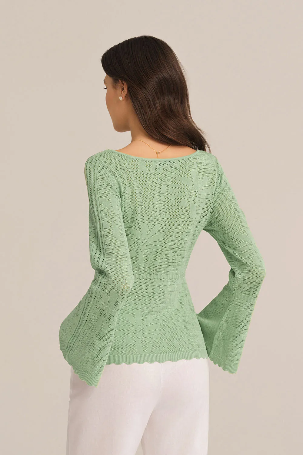 Hollowed Out Ruffle Hem Knitted Bell Cardigan Long Sleeve - Green