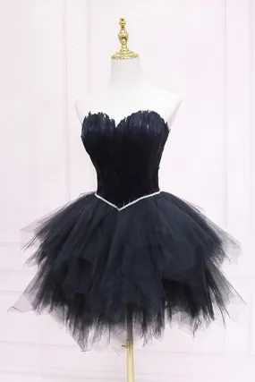 Ila | Black Tulle Short Prom Dress with Feather, A-Line Sweetheart Neckline Party Dress