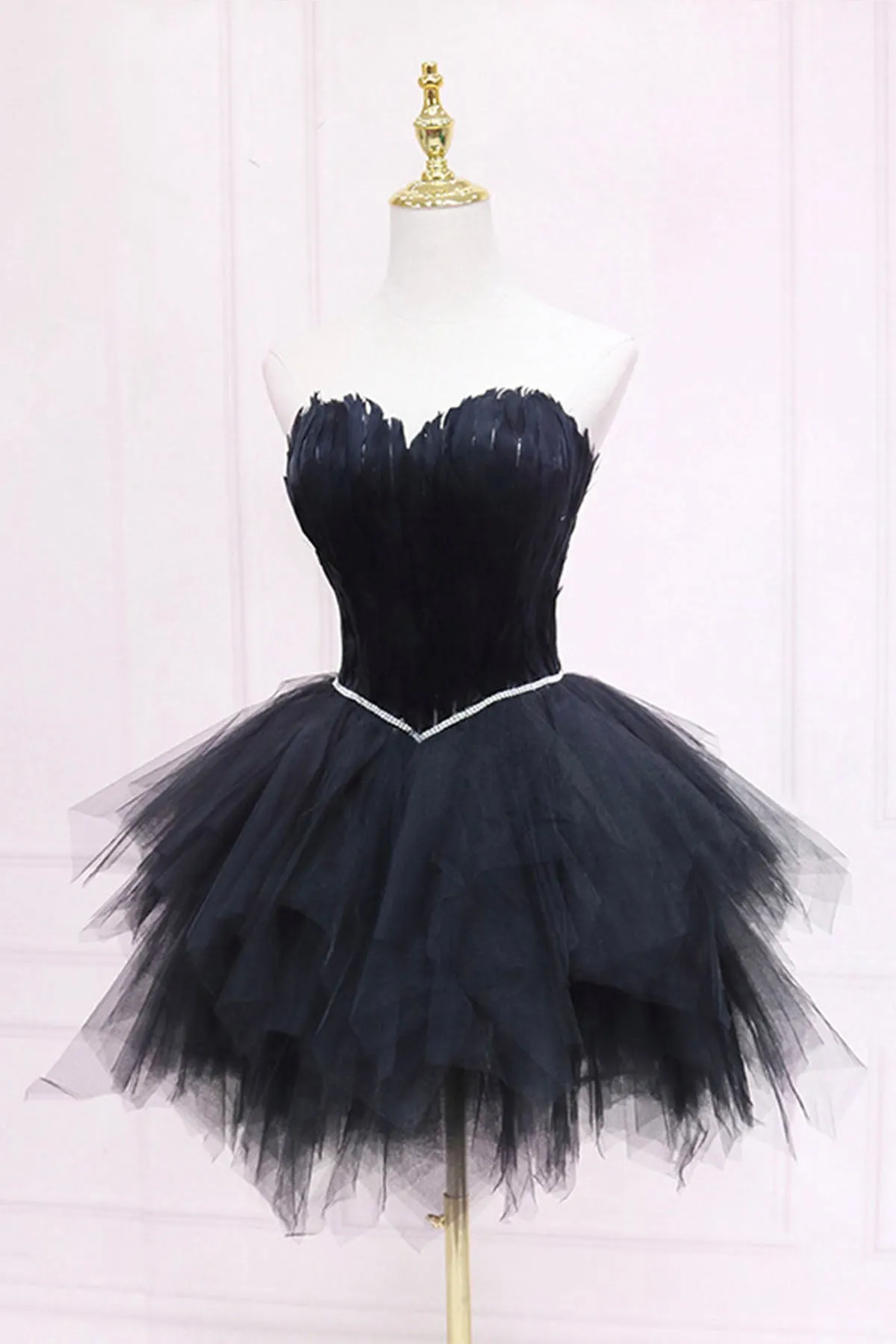 Ila | Black Tulle Short Prom Dress with Feather, A-Line Sweetheart Neckline Party Dress