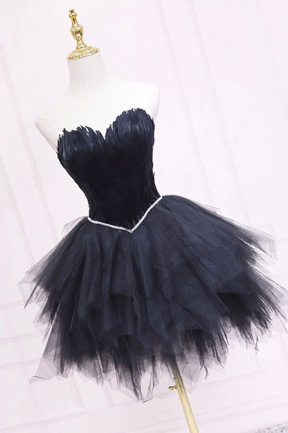 Ila | Black Tulle Short Prom Dress with Feather, A-Line Sweetheart Neckline Party Dress