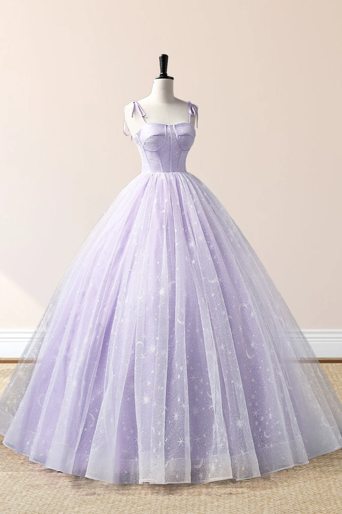 Janelle | Lavender Tulle Straps Floor Length Evening Dress, Lavender A-Line Prom Dress