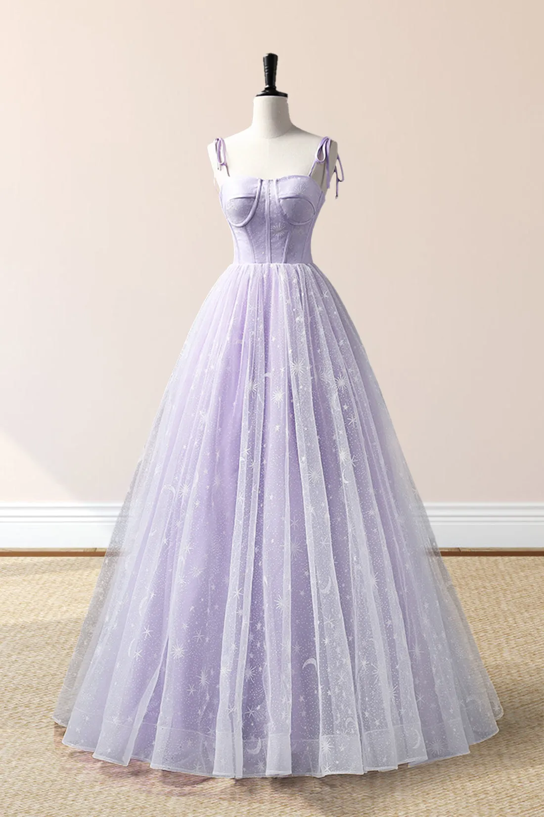 Janelle | Lavender Tulle Straps Floor Length Evening Dress, Lavender A-Line Prom Dress