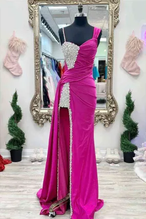 Kaydence | Chic Asymmertrical Fuchsia Beaded Long Porm Dress