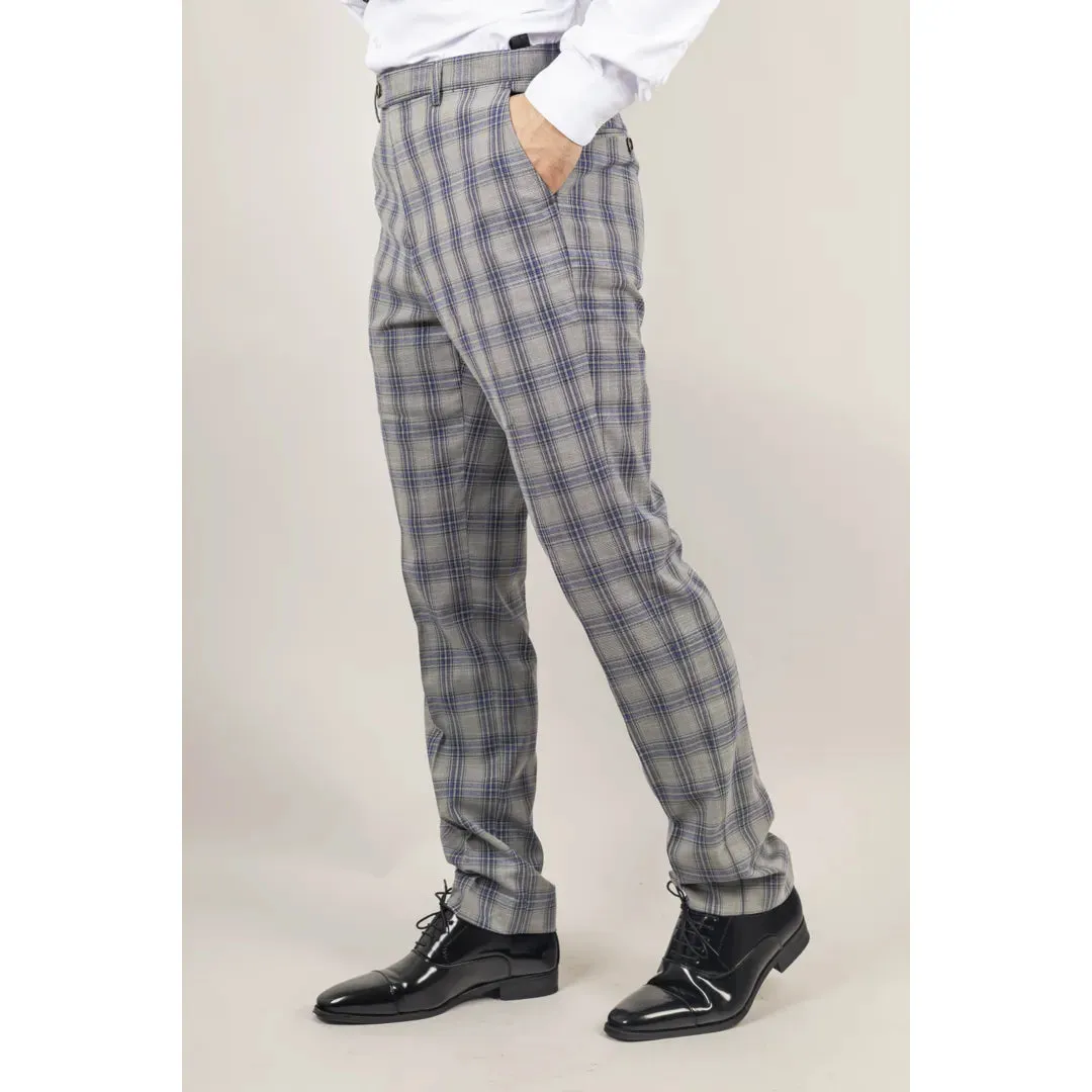 Knight - Men's Grey Blue Checked Trousers