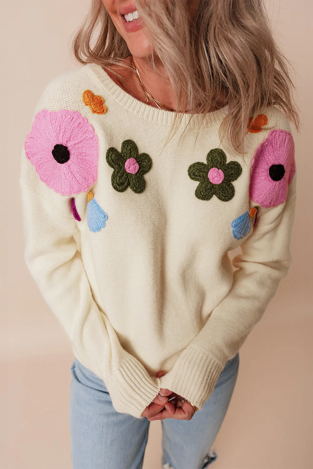 Knitted Flower Ribbed Edge Sweater