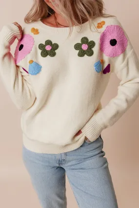 Knitted Flower Ribbed Edge Sweater