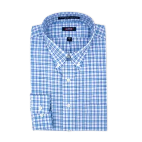 'Max' Blue and Aqua Plaid Long Sleeve Beyond Non-Iron® Cotton Sport Shirt by Batton