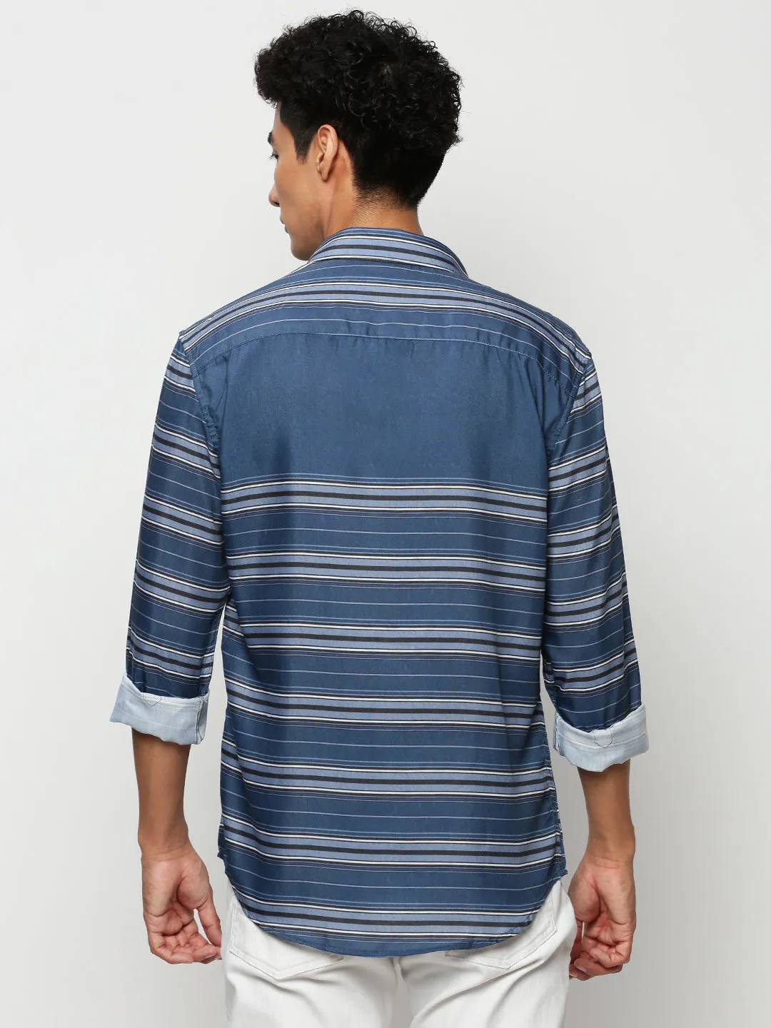 Men Blue Striped Casual Casual Shirts