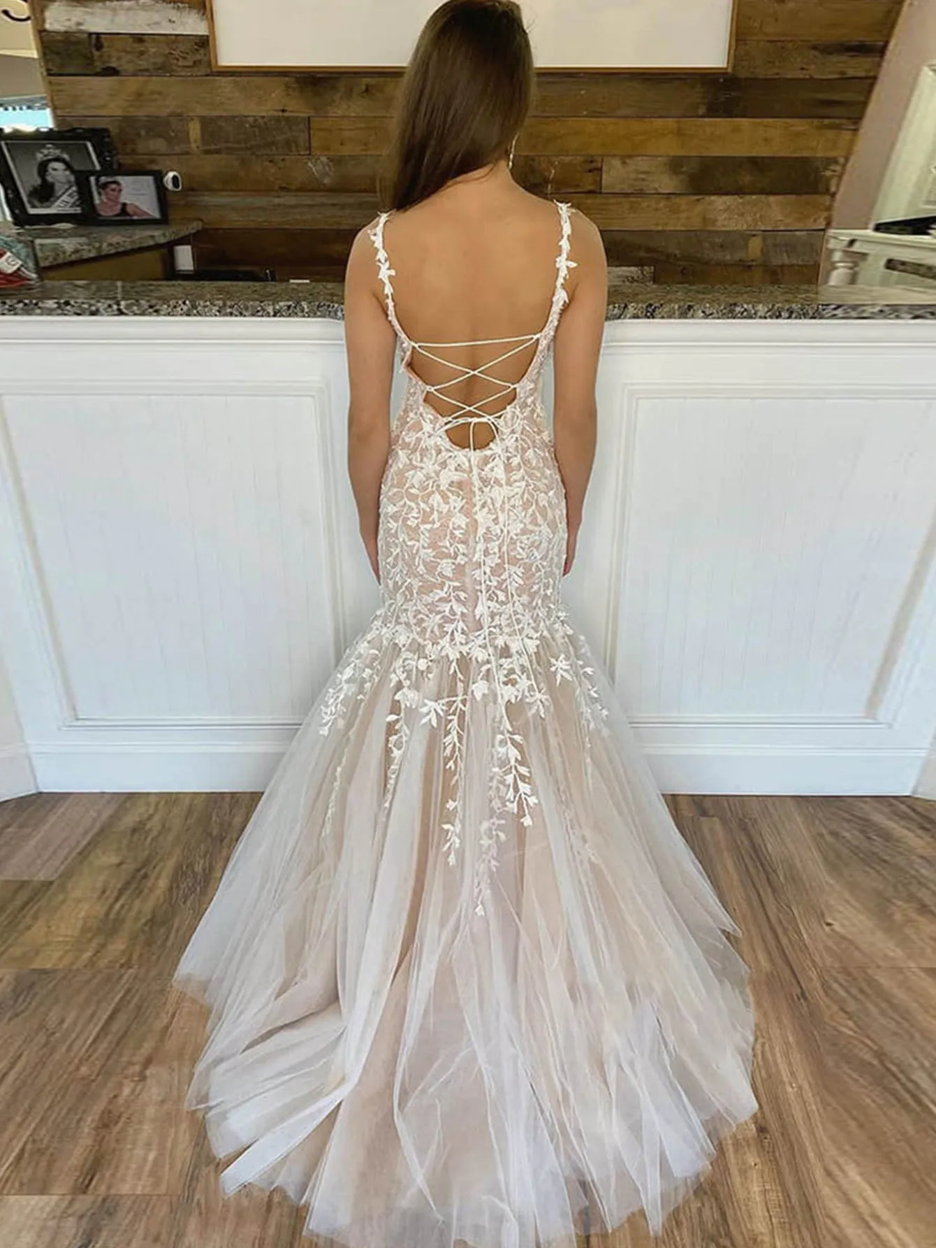 Mermaid Apricot Straps Lace Long Prom Dress