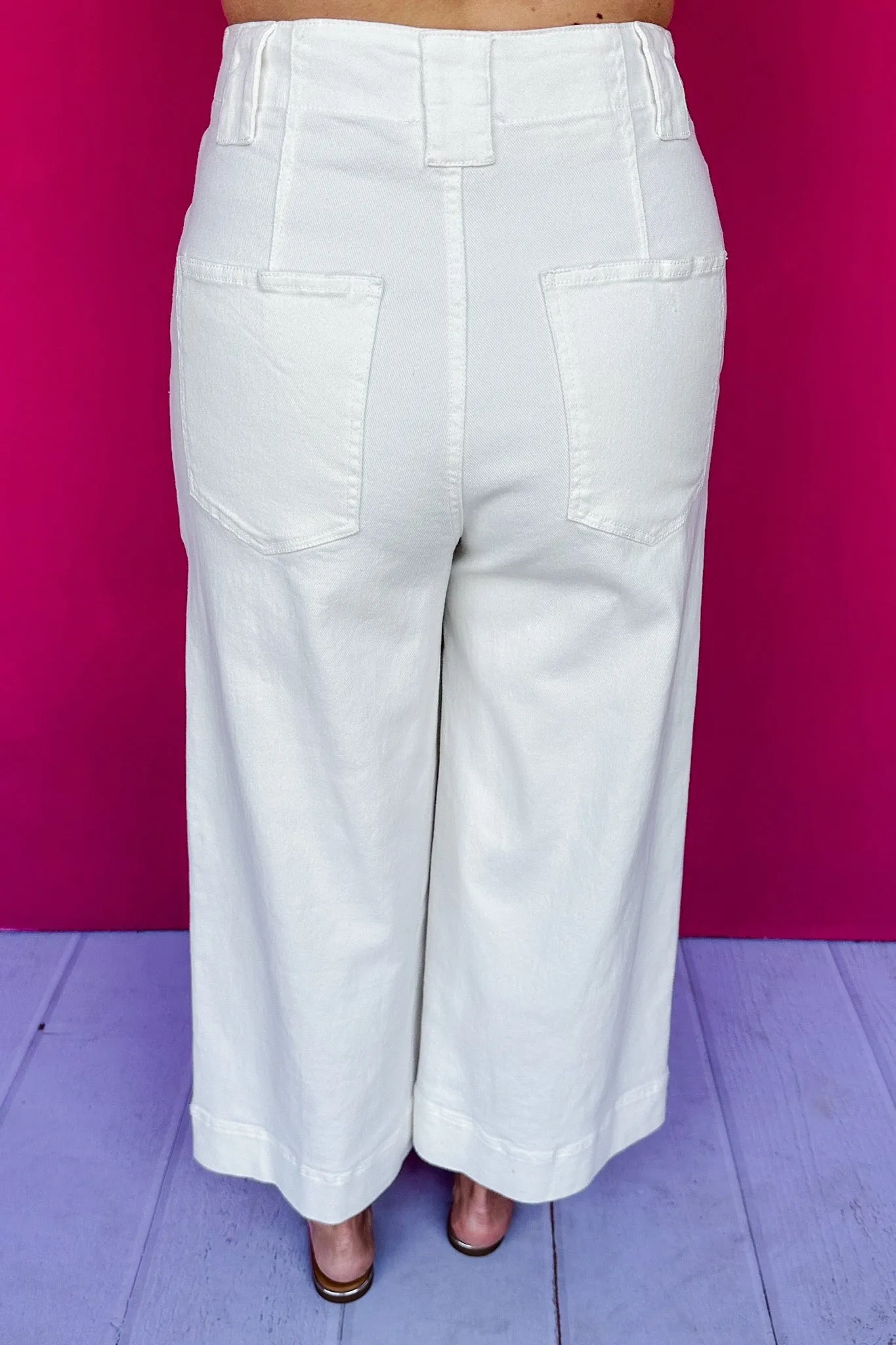 Mid Seam Cropped Wide Leg Pocketed Denim Jeans in Ivory