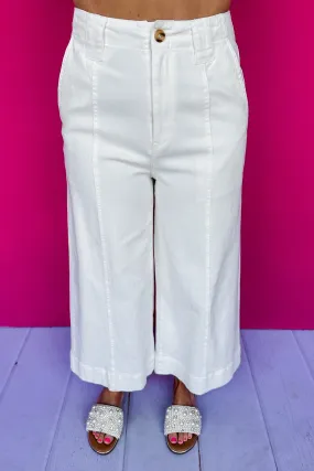 Mid Seam Cropped Wide Leg Pocketed Denim Jeans in Ivory