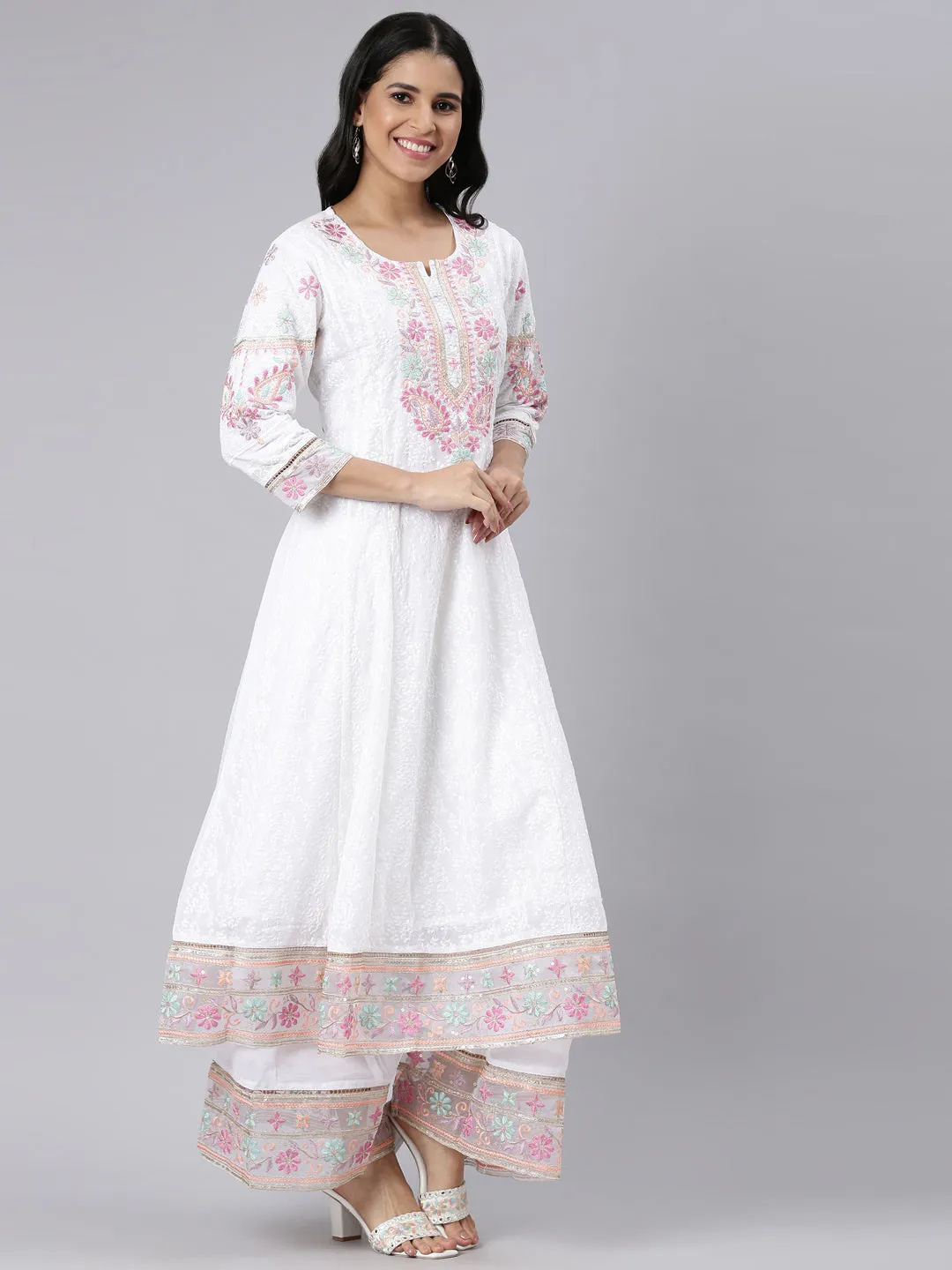 Neerus white Panelled Curved Solid Kurta and Trousers With Dupatta