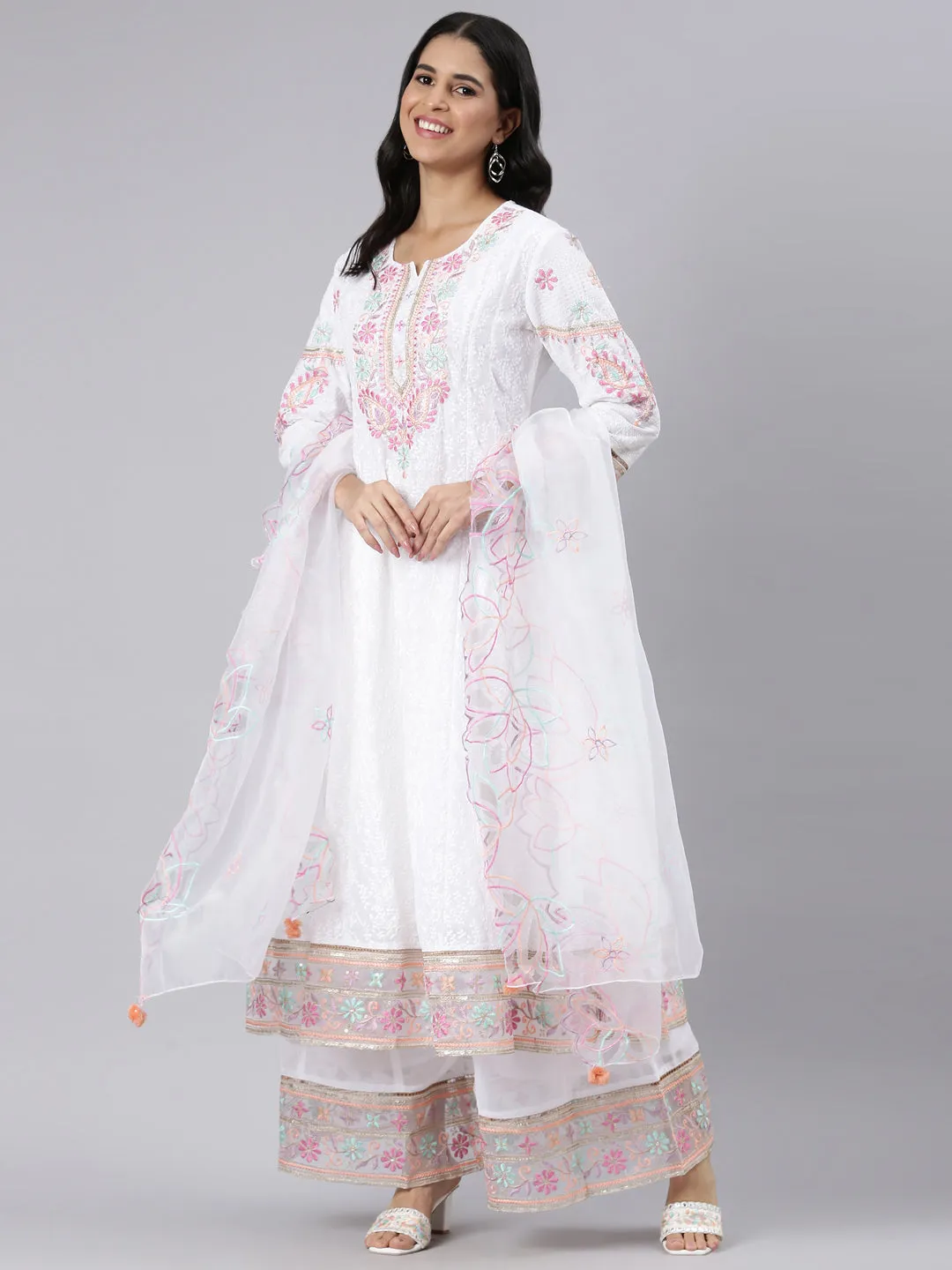 Neerus white Panelled Curved Solid Kurta and Trousers With Dupatta