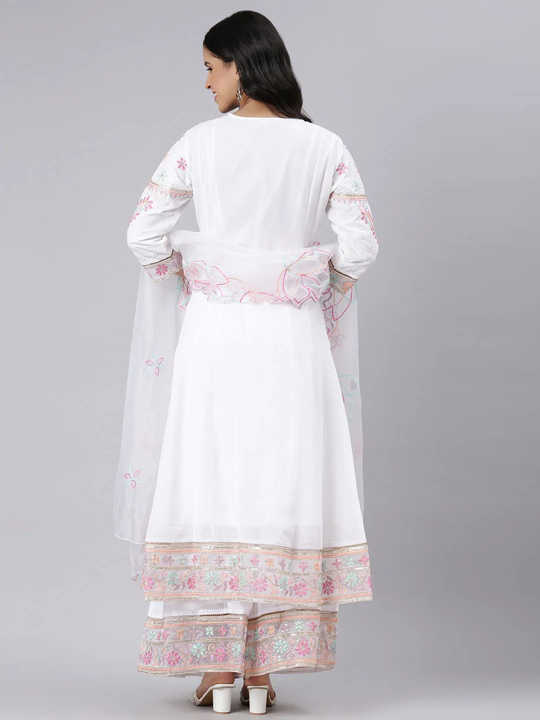 Neerus white Panelled Curved Solid Kurta and Trousers With Dupatta