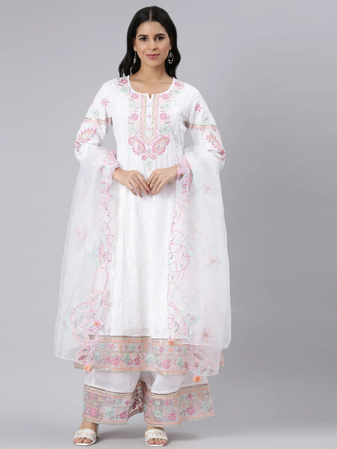 Neerus white Panelled Curved Solid Kurta and Trousers With Dupatta