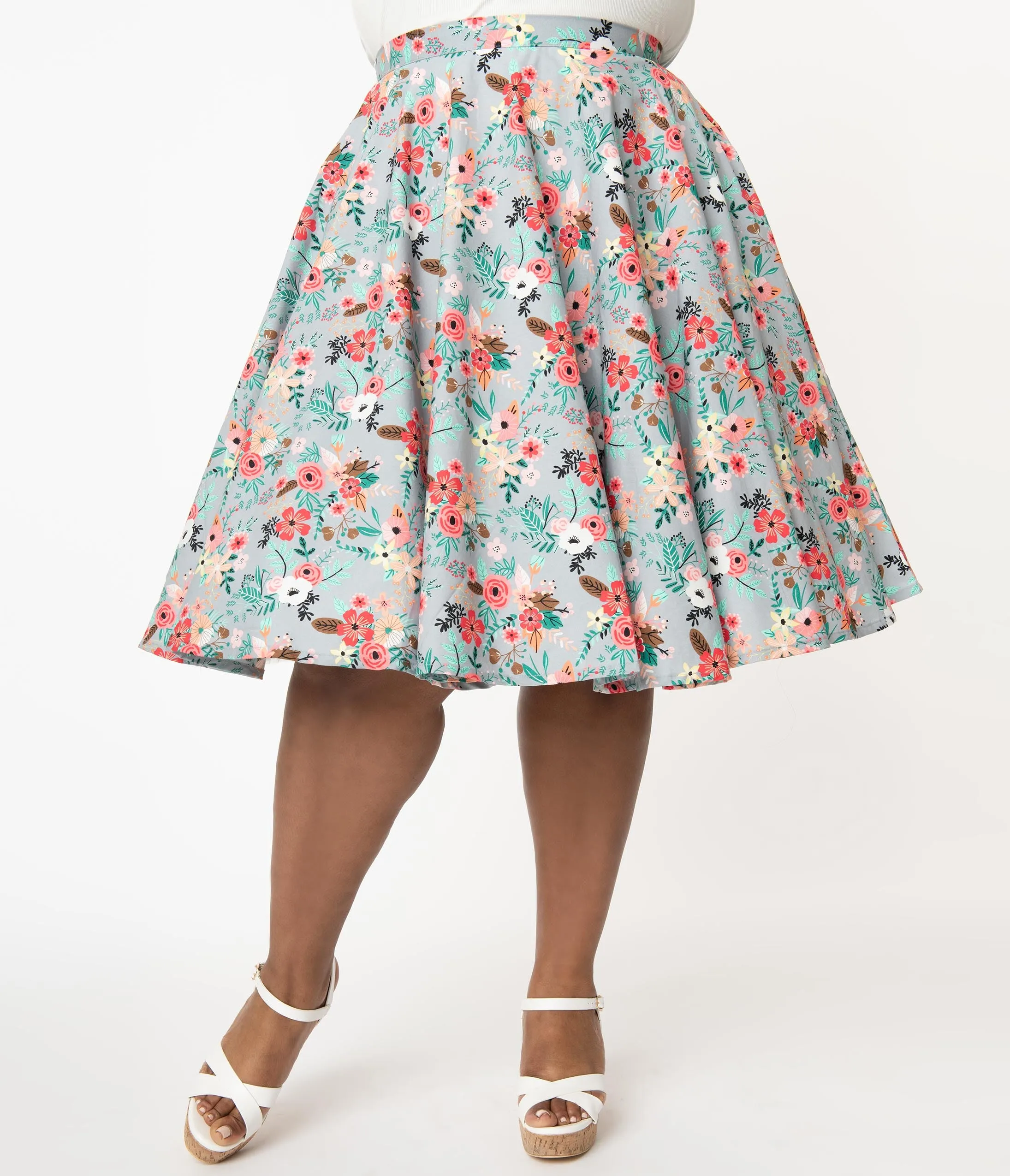 Plus Size Grey & Happy Floral Print Swing Skirt