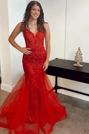 Red Appliqués V-Neck Lace-Up Trumpet Long Prom Dress