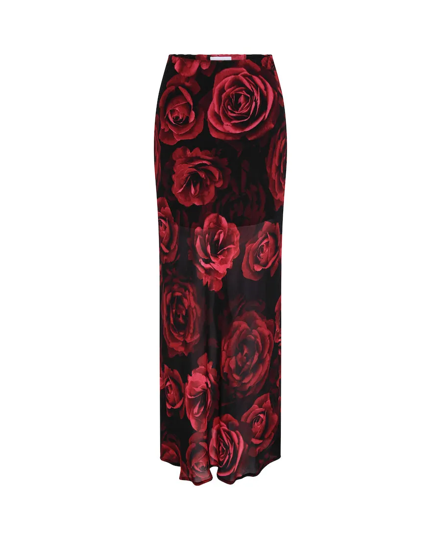 Red Rose Floral Chiffon Maxi Skirt