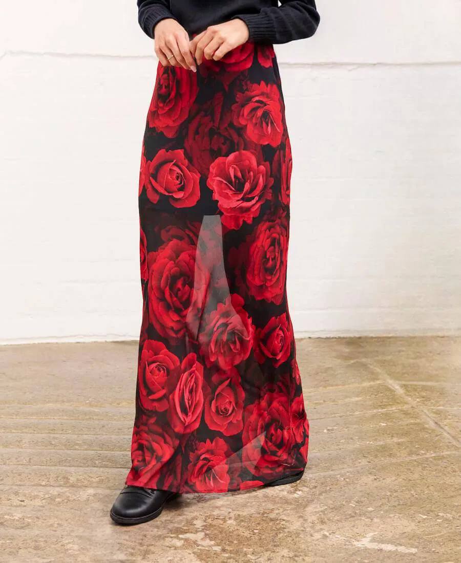 Red Rose Floral Chiffon Maxi Skirt