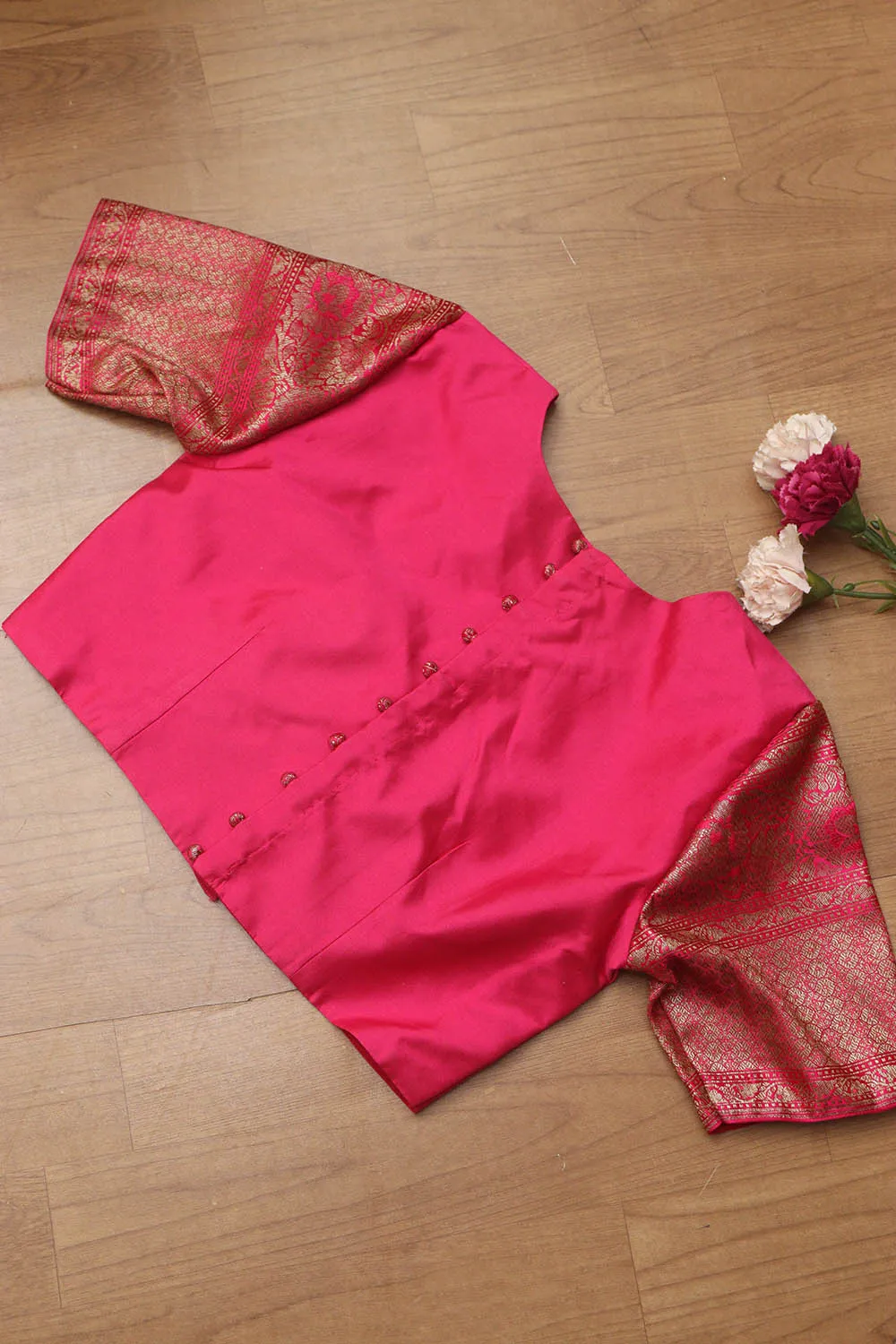 Stunning Pink Plain Silk Non Padded Blouse With Banarasi Border