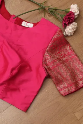 Stunning Pink Plain Silk Non Padded Blouse With Banarasi Border