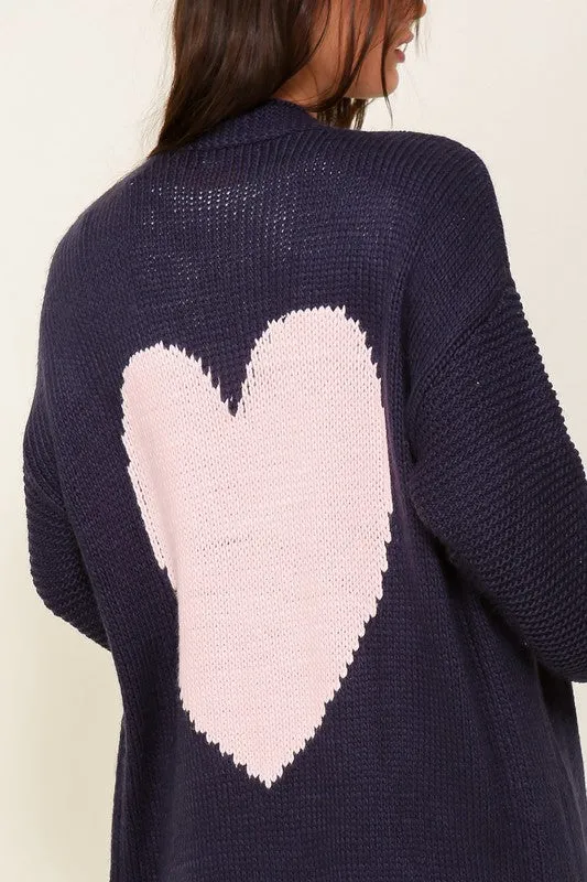 TIMING Long Sleeve Open Front Cardigan With Back Heart